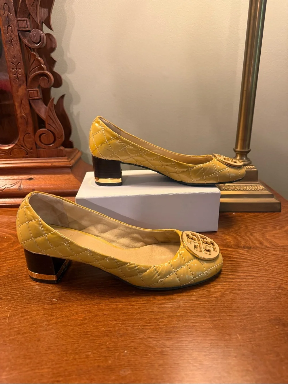 Tory Burch Quilted Patent Leather Block Heel Pumps in Mustard Yellow Size 6.5
